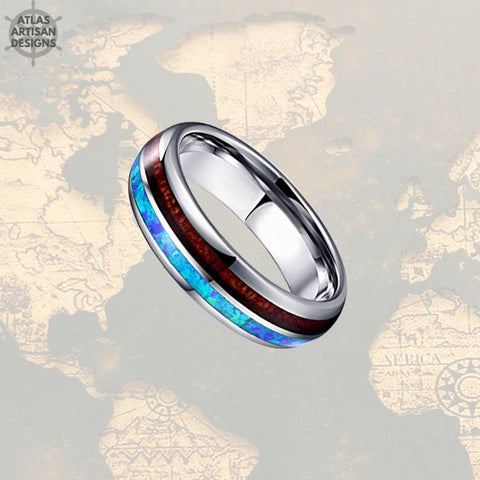 6mm Wooden Ring Blue Opal Wedding Band Mens Ring - Atlas Artisan Designs