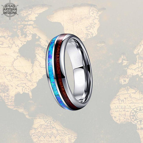 Image of 6mm Wooden Ring Blue Opal Wedding Band Mens Ring - Atlas Artisan Designs