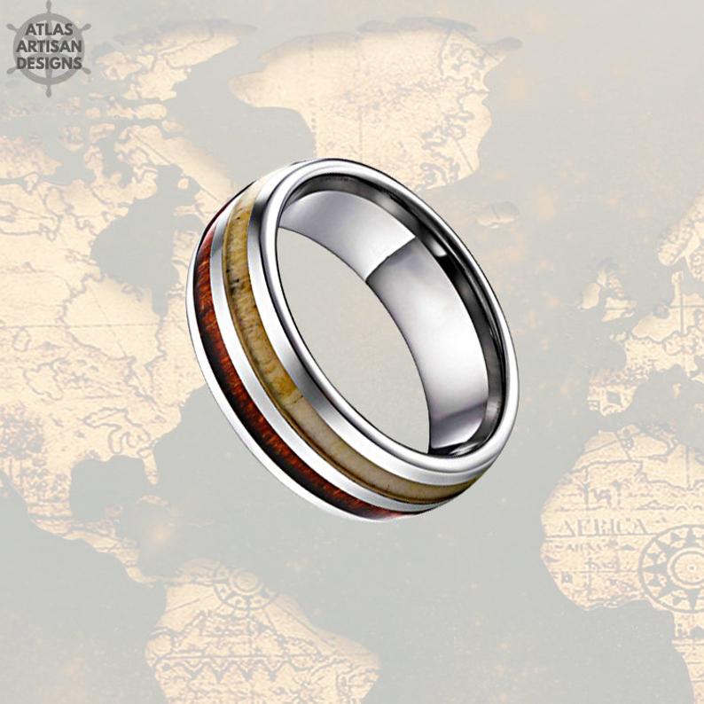 Koa Wood Ring Mens Wedding Band Antler Ring - Atlas Artisan Designs