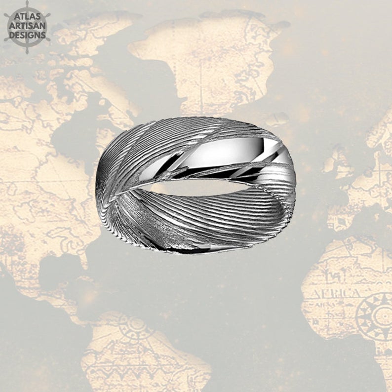 8mm Silver Damascus Ring Mens Steel Wedding Band - Atlas Artisan Designs