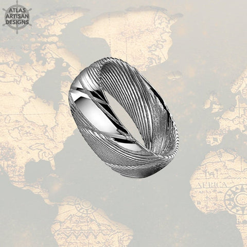 8mm Silver Damascus Ring Mens Steel Wedding Band - Atlas Artisan Designs