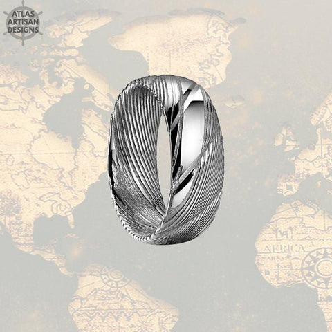 Image of 8mm Silver Damascus Ring Mens Steel Wedding Band - Atlas Artisan Designs
