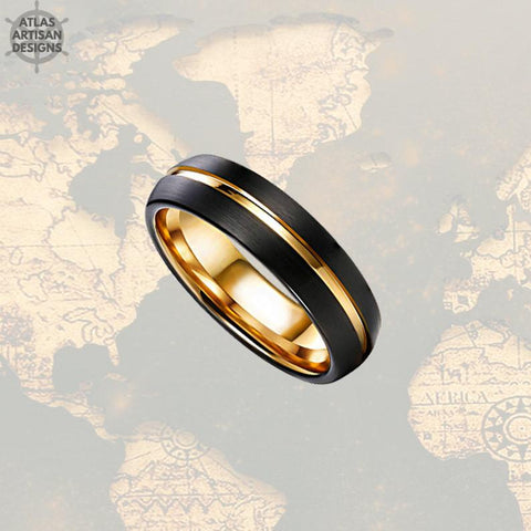 Image of 6mm Black & Gold Tungsten Wedding Band Mens Ring, Mens Wedding Band Gold Ring, Thin Wedding Bands Women Ring, Unique Mens Ring, Promise Ring - Atlas Artisan Designs