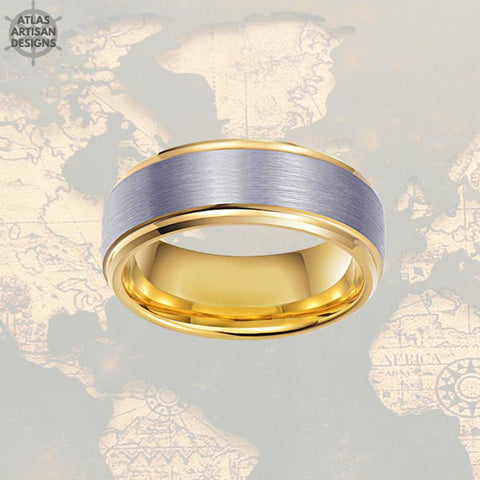 14K Gold Ring Mens Wedding Band Tungsten Ring Step Edges, Tungsten Wedding Band Mens Ring, Promise Ring, Unique Mens Ring, Gold Wedding Ring - Atlas Artisan Designs