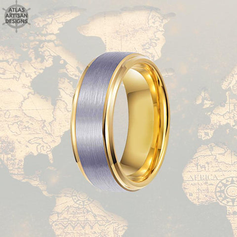 14K Gold Ring Mens Wedding Band Tungsten Ring Step Edges, Tungsten Wedding Band Mens Ring, Promise Ring, Unique Mens Ring, Gold Wedding Ring - Atlas Artisan Designs