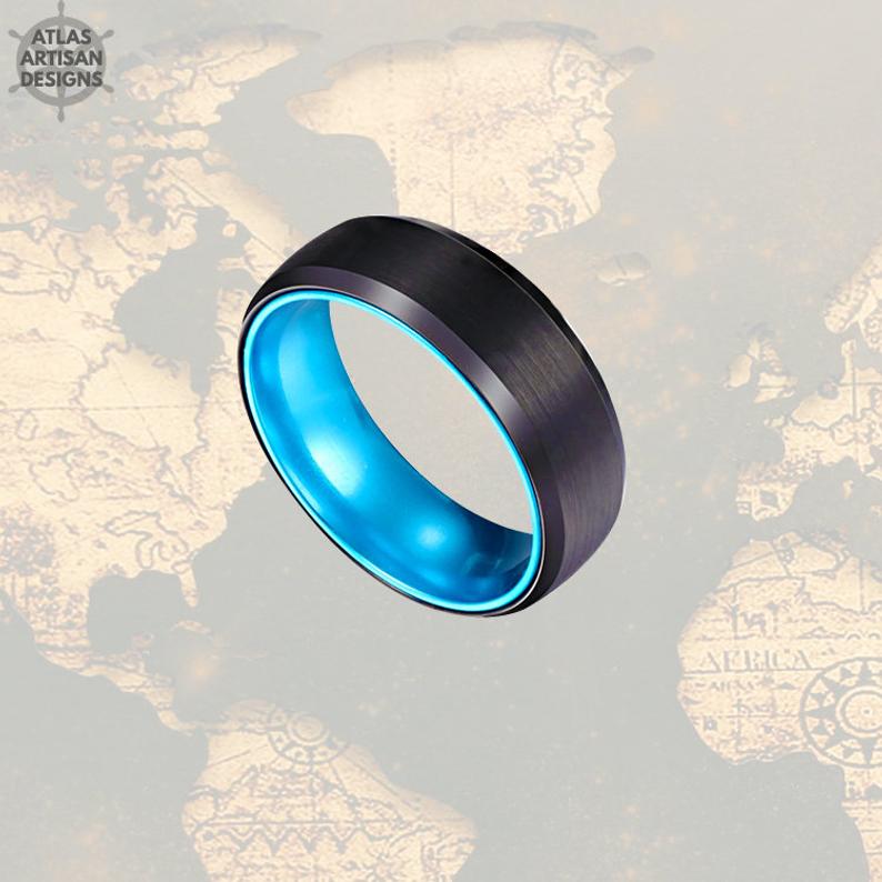 8mm Blue Tungsten Wedding Bands BlackMens Ring - Atlas Artisan Designs