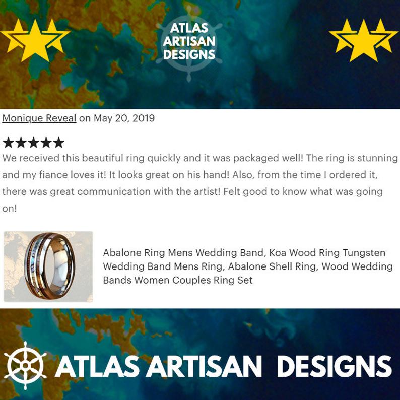 Abalone Ring Mens Wedding Band, Koa Wood Ring Unique Tungsten Ring - Atlas Artisan Designs
