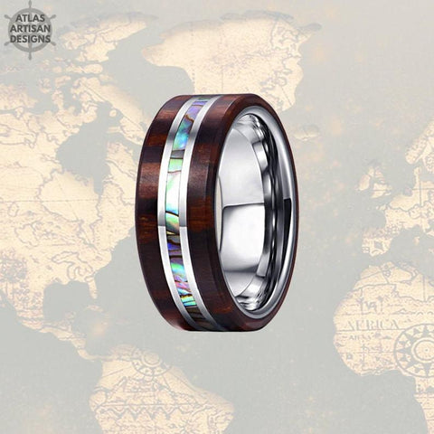Image of Abalone Ring Mens Wedding Band, Koa Wood Ring Unique Tungsten Ring - Atlas Artisan Designs