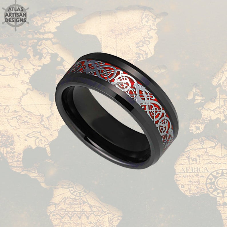 Red Mens Viking Ring Tungsten Wedding Band Mens Ring, Carbon Fiber Ring 8mm Viking Wedding Band Tungsten Ring, Mens Wedding Band Celtic Ring - Atlas Artisan Designs