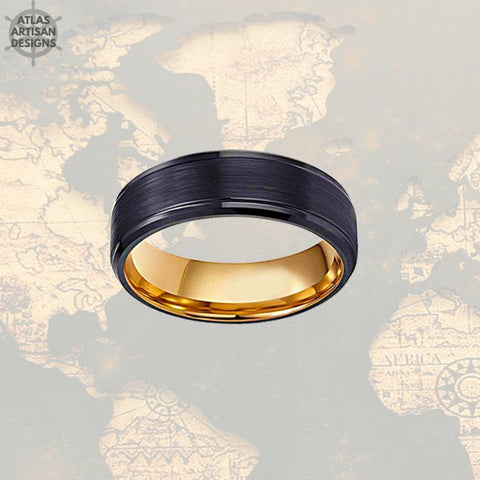 Image of Tungsten Wedding Band Mens Ring, Brushed Black Mens Wedding Band Rose Gold Ring, Rose Gold Wedding Bands Womens Ring, 8mm Unique Mens Ring - Atlas Artisan Designs