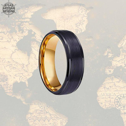 Image of Tungsten Wedding Band Mens Ring, Brushed Black Mens Wedding Band Rose Gold Ring, Rose Gold Wedding Bands Womens Ring, 8mm Unique Mens Ring - Atlas Artisan Designs