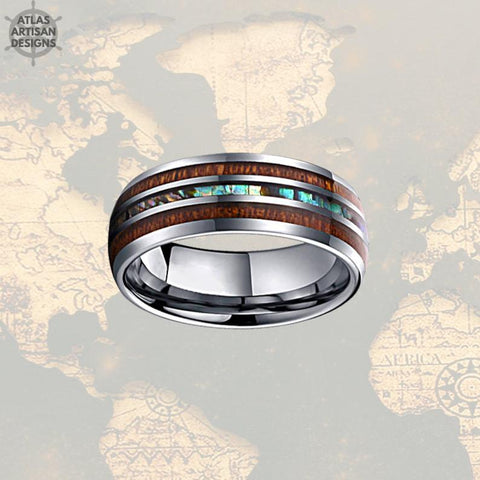 Image of Sizes 4-17 Koa Wood Ring Mens Wedding Band Abalone Ring, Tungsten Wedding Band Mens Ring Abalone Shell Ring Wedding Bands Women Couples Ring - Atlas Artisan Designs