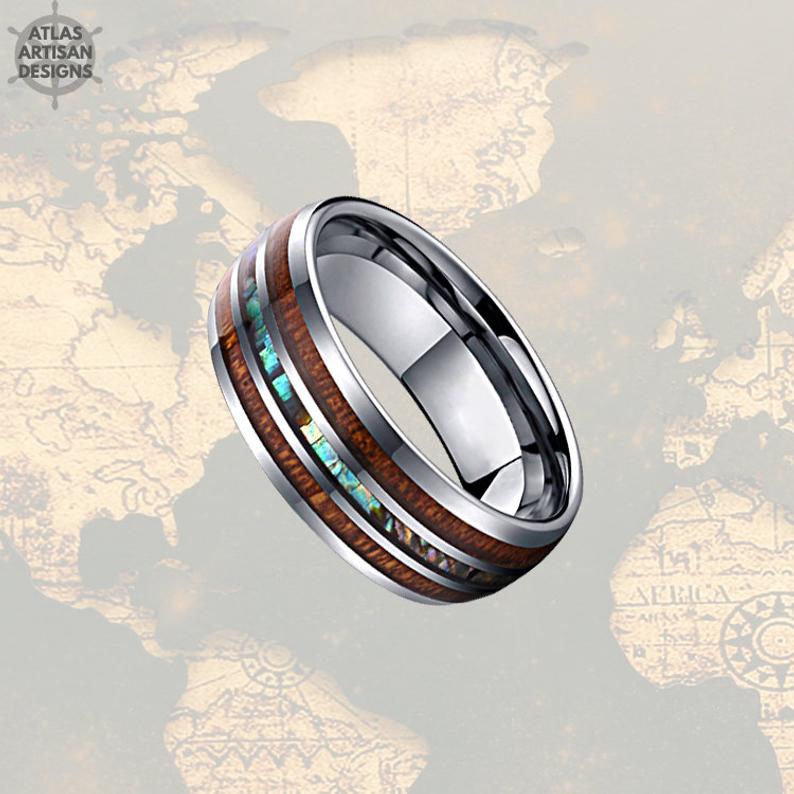Sizes 4-17 Koa Wood Ring Mens Wedding Band Abalone Ring, Tungsten Wedding Band Mens Ring Abalone Shell Ring Wedding Bands Women Couples Ring - Atlas Artisan Designs