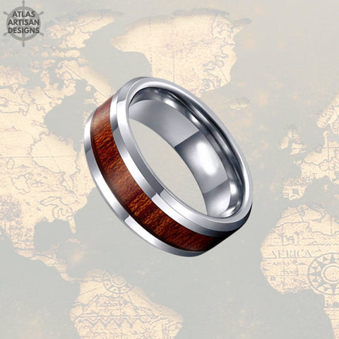 Image of Beveled Edge Koa Wood Ring Mens Wedding Band Silver Tungsten Wedding Band Mens Ring Wood Inlay Ring, 8mm Wood Wedding Band, Unique Mens Ring - Atlas Artisan Designs