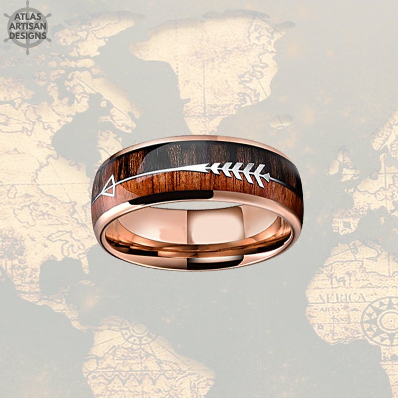 18K Rose Gold Arrow Ring, Koa Wood Ring Mens Wedding Band Tungsten Ring, Unique Mens Ring, Rose Gold Ring, Wood Wedding Band Mens Ring - Atlas Artisan Designs