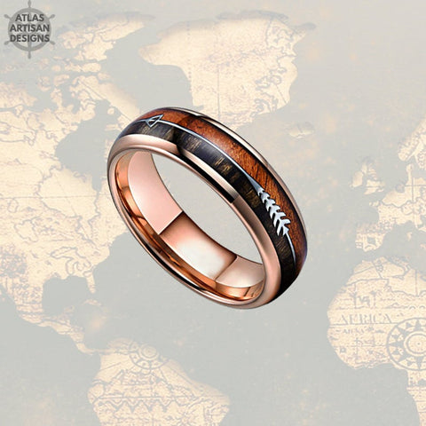 Image of 6mm Wood Wedding Bands Women Ring, 18K Rose Gold Arrow Ring, Koa Wood Ring Mens Wedding Band Tungsten Ring, Unique Mens Ring, Rose Gold Ring - Atlas Artisan Designs