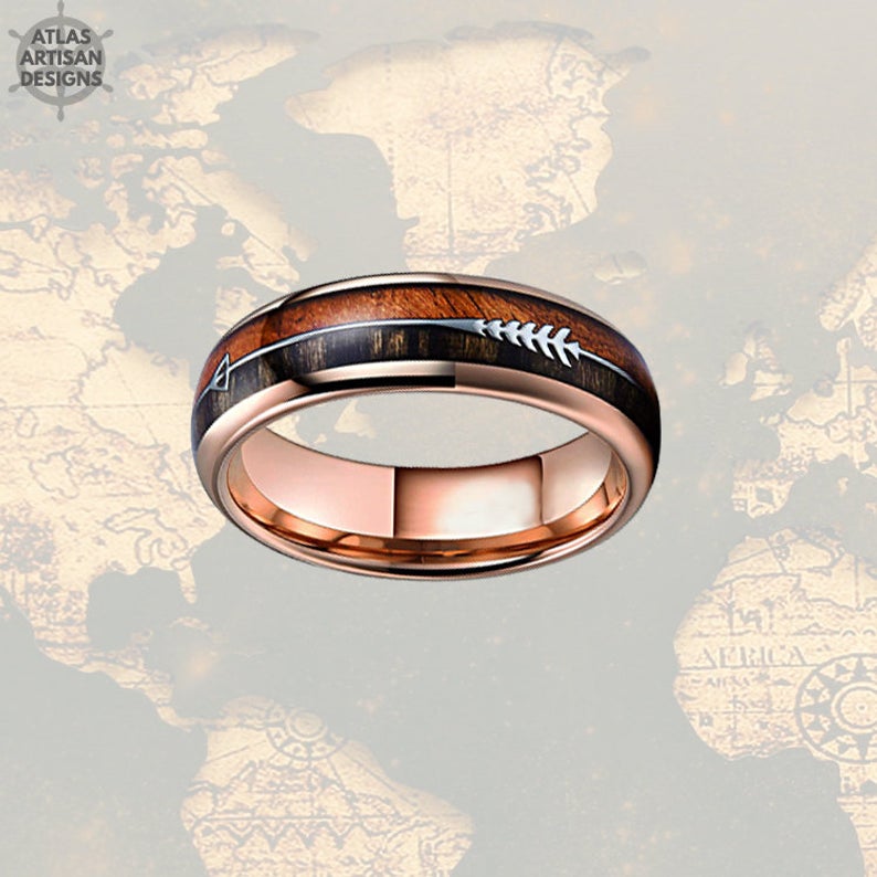 6mm Wood Wedding Bands Women Ring, 18K Rose Gold Arrow Ring, Koa Wood Ring Mens Wedding Band Tungsten Ring, Unique Mens Ring, Rose Gold Ring - Atlas Artisan Designs