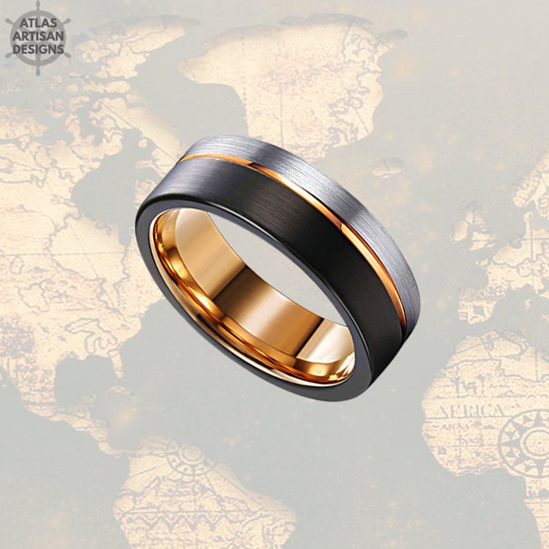 Silver & Black Tungsten Wedding Band Mens Ring, 8mm Mens Wedding Band Rose Gold Ring, Rose Gold Wedding Bands Womens Ring, Unique Mens Ring - Atlas Artisan Designs