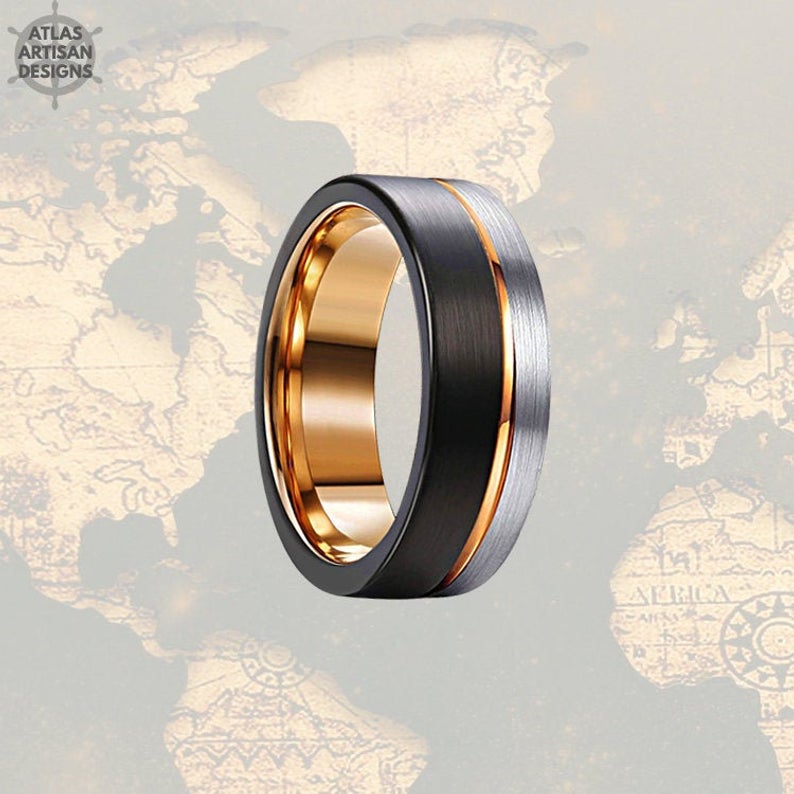 Silver & Black Tungsten Wedding Band Mens Ring, 8mm Mens Wedding Band Rose Gold Ring, Rose Gold Wedding Bands Womens Ring, Unique Mens Ring - Atlas Artisan Designs