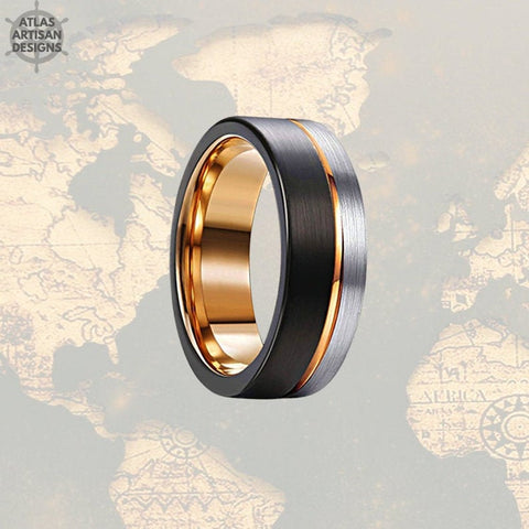 Image of Silver & Black Tungsten Wedding Band Mens Ring, 8mm Mens Wedding Band Rose Gold Ring, Rose Gold Wedding Bands Womens Ring, Unique Mens Ring - Atlas Artisan Designs