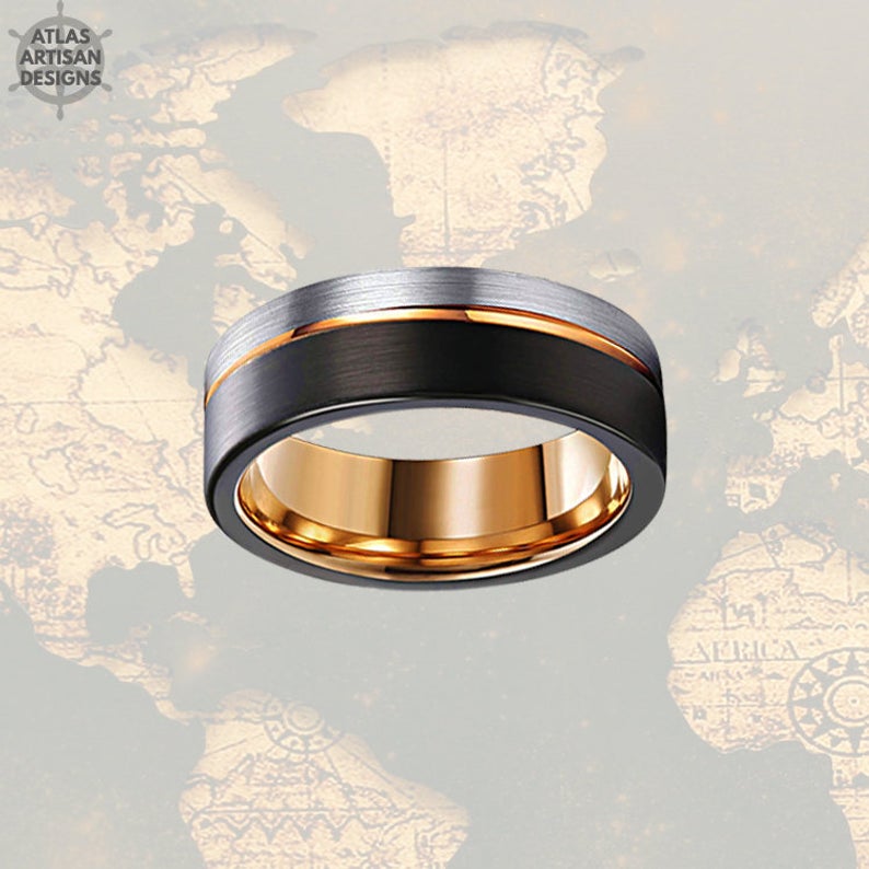 6mm Black Tungsten Wedding Band Mens Ring, Rose Gold Wedding Bands Women, Mens Wedding Band Tungsten Ring, Unique Mens Ring, Promise Ring - Atlas Artisan Designs