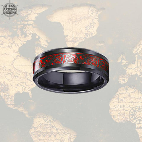 Image of Viking Wedding Band Tungsten Ring, Black Carbon Fiber Ring, Dragon Ring Mens Wedding Band Celtic Ring Tungsten Wedding Band Mens Viking Ring - Atlas Artisan Designs