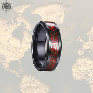 Viking Wedding Band Tungsten Ring, Black Carbon Fiber Ring, Dragon Ring Mens Wedding Band Celtic Ring Tungsten Wedding Band Mens Viking Ring - Atlas Artisan Designs