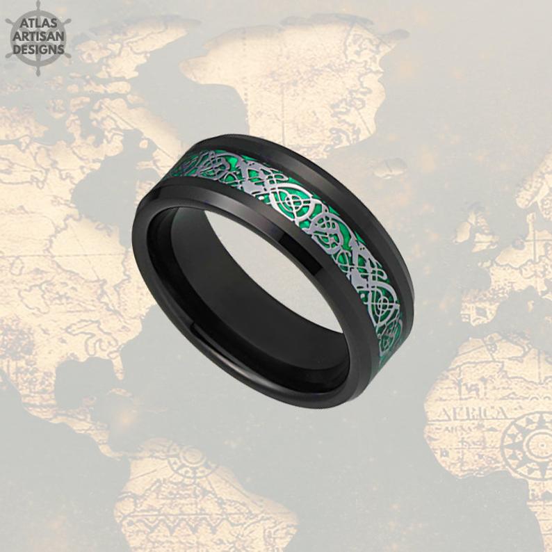 Black Viking Wedding Band Mens Ring, Green Carbon Fiber Ring, Dragon Ring Mens Wedding Band Celtic Ring, Mens Viking Ring Unique Mens Ring - Atlas Artisan Designs
