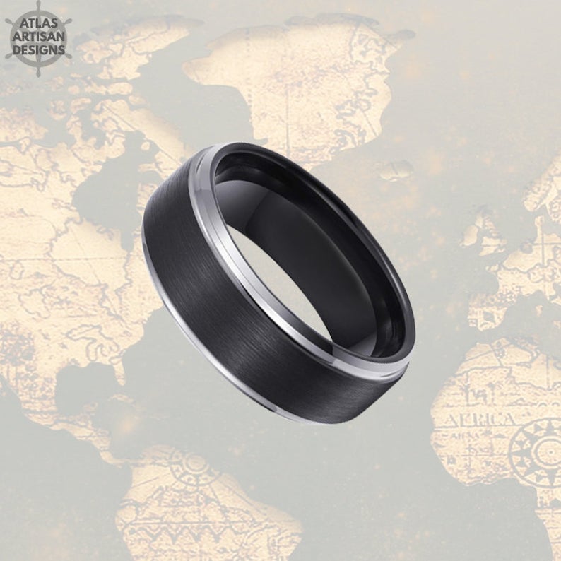 Silver Tungsten Ring Mens Wedding Band Black Step Edges, Tungsten Wedding Band Mens Ring, Mens Promise Ring, Unique Mens Ring, Wedding Ring - Atlas Artisan Designs