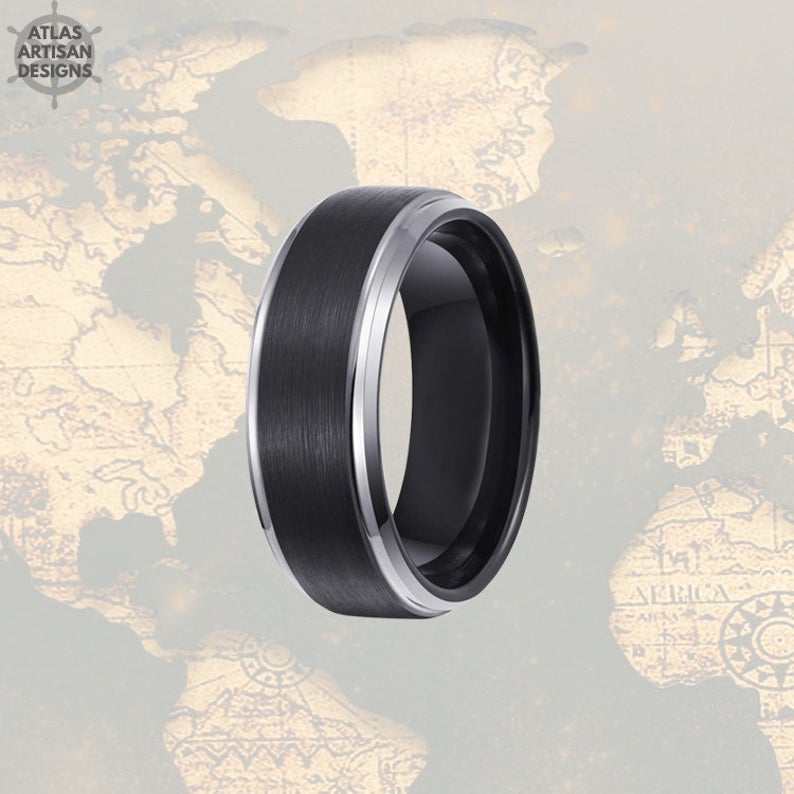 Black Tungsten Ring Mens Wedding Band Silver Step Edges, Tungsten Wedding Band Mens Ring, Mens Promise Ring, Unique Mens Ring, Wedding Ring - Atlas Artisan Designs