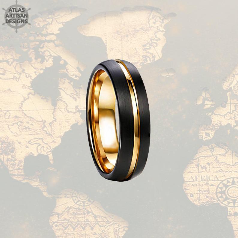 6mm Black & Gold Tungsten Wedding Band Mens Ring, Mens Wedding Band Gold Ring, Thin Wedding Bands Women Ring, Unique Mens Ring, Promise Ring - Atlas Artisan Designs