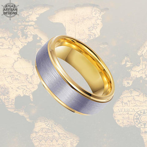 Image of 14K Gold Ring Mens Wedding Band Tungsten Ring Step Edges, Tungsten Wedding Band Mens Ring, Promise Ring, Unique Mens Ring, Gold Wedding Ring - Atlas Artisan Designs