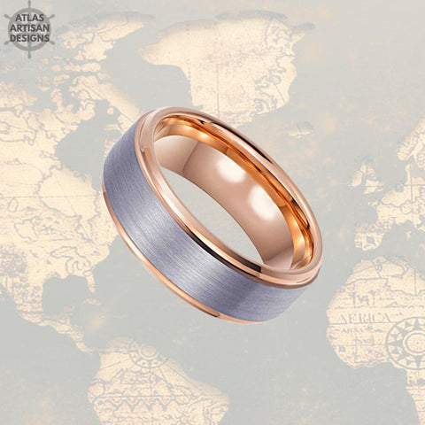 Image of Rose Gold Ring with Step Edges Mens Wedding Band Tungsten Ring, 8mm Unique Mens Ring, Rose Gold Wedding Bands Womens Ring, Mens Promise Ring - Atlas Artisan Designs
