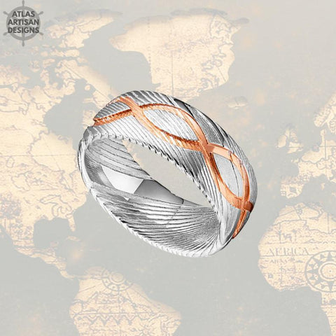 18K Rose Gold Damascus Ring Mens Wedding Band - Atlas Artisan Designs