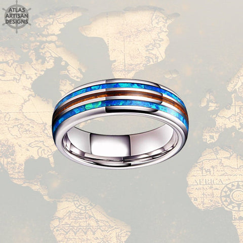 Image of 6mm Blue Opal Wedding Band Mens Ring, Unique Koa Wood Ring Mens Wedding Band Opal Ring, Tungsten Wedding Bands Womens Ring, Mens Wood Ring - Atlas Artisan Designs