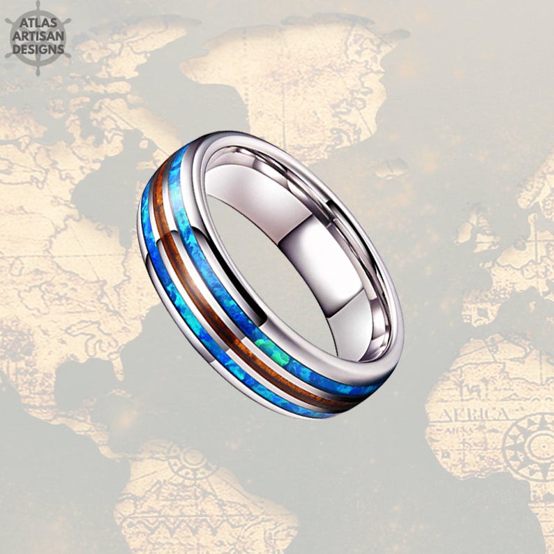 6mm Blue Opal Wedding Band Mens Ring, Unique Koa Wood Ring Mens Wedding Band Opal Ring, Tungsten Wedding Bands Womens Ring, Mens Wood Ring - Atlas Artisan Designs