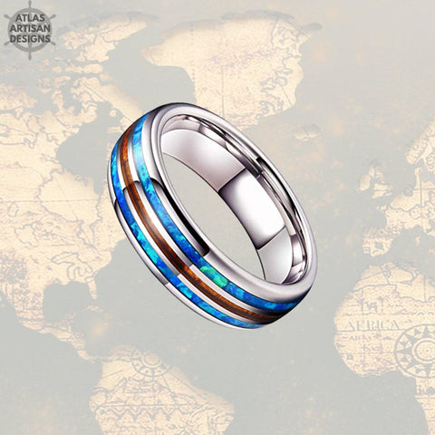 Image of 6mm Blue Opal Wedding Band Mens Ring, Unique Koa Wood Ring Mens Wedding Band Opal Ring, Tungsten Wedding Bands Womens Ring, Mens Wood Ring - Atlas Artisan Designs