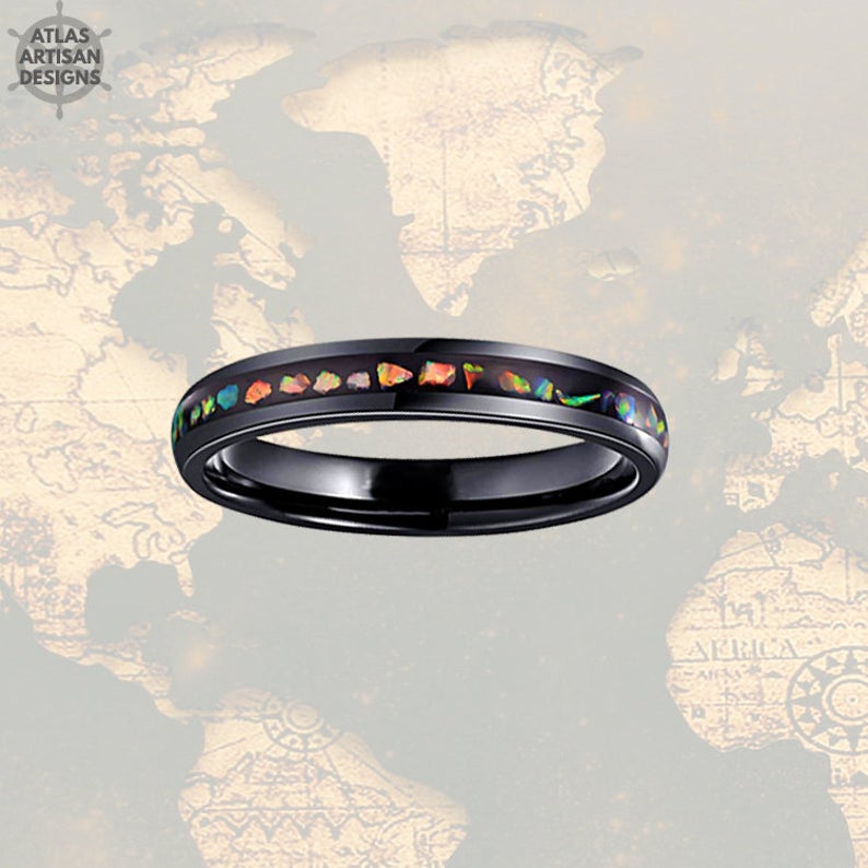 4mm Fire Opal Ring Mens Wedding Band Opal Inlay Ring, Tungsten Wedding Band Mens Ring, Opal Wedding Bands Womens Ring, Womens Wedding Band - Atlas Artisan Designs