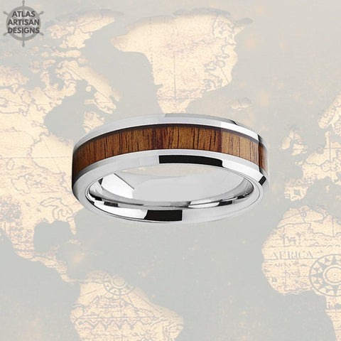 Image of 6mm Koa Wood Ring Mens Wedding Band Silver Tungsten Wedding Band Mens Ring, Wood Wedding Band, Mens Wood Ring Unique Mens Ring Bevel Edges - Atlas Artisan Designs