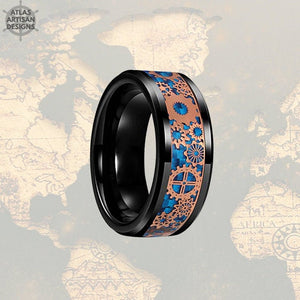 Viking Wedding Ring Mens Black Ring, Rose Gold Ring Mens Wedding Band Tungsten Ring, Blue Carbon Fiber Ring, Tungsten Wedding Band Mens Ring - Atlas Artisan Designs