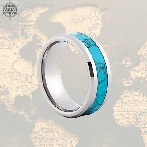 Image of Beveled Turquoise Ring Mens Wedding Band Silver Tungsten Ring, Unique Mens Ring, Turquoise Wedding Bands Womens Ring Turquoise Inlay Ring - Atlas Artisan Designs