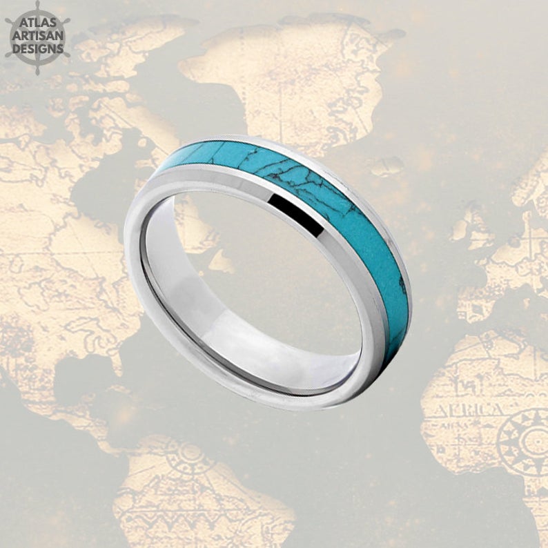 6mm Turquoise Wedding Bands Womens Ring Turquoise Inlay Ring Beveled Turquoise Ring Mens Wedding Band Silver Tungsten Ring, Unique Mens Ring - Atlas Artisan Designs
