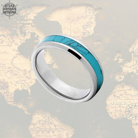 Image of 6mm Turquoise Wedding Bands Womens Ring Turquoise Inlay Ring Beveled Turquoise Ring Mens Wedding Band Silver Tungsten Ring, Unique Mens Ring - Atlas Artisan Designs