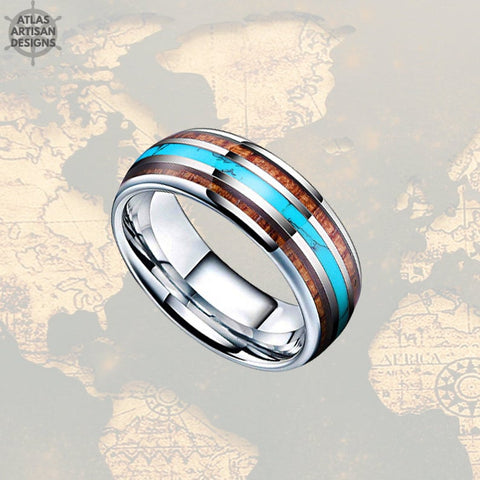Image of Mens Turquoise Ring Tungsten Wedding Band Viking Ring, 8mm Unique Koa Wood Ring Mens Wedding Band Turquoise Inlay Ring, Silver Wooden Ring - Atlas Artisan Designs
