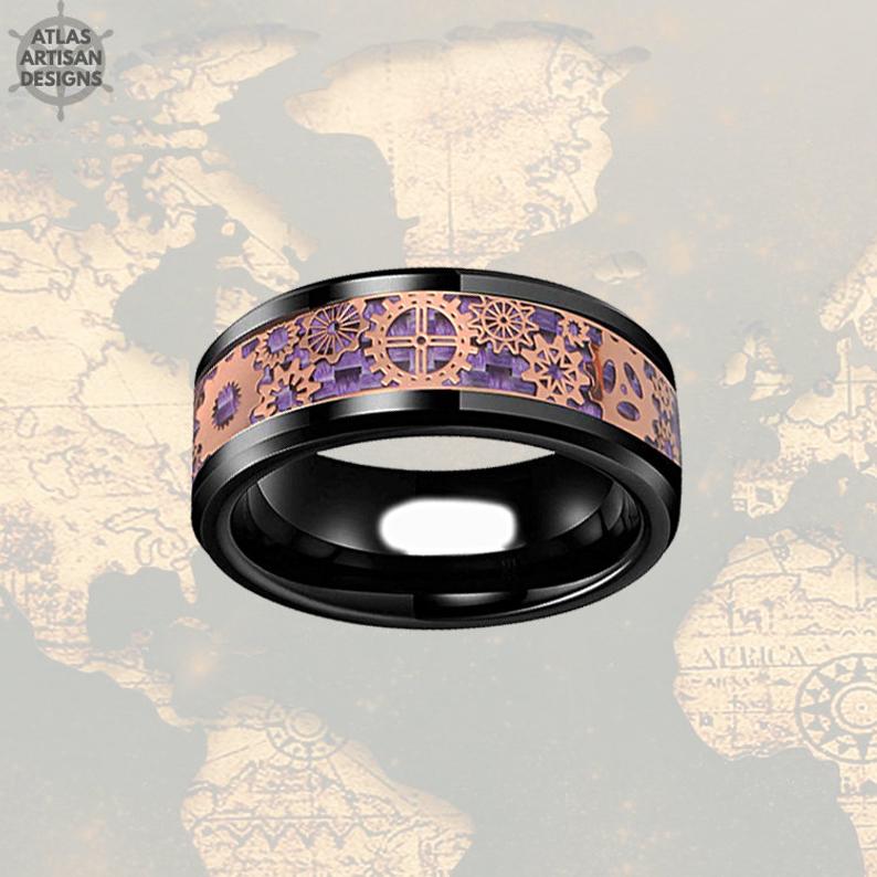 Steampunk Ring Rose Gold Wedding Band 8mm Black & Purple Ring Mens Wedding Band Tungsten Ring, Carbon Fiber Ring, Wedding Band Mens Ring - Atlas Artisan Designs