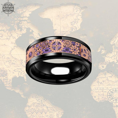Image of Steampunk Ring Rose Gold Wedding Band 8mm Black & Purple Ring Mens Wedding Band Tungsten Ring, Carbon Fiber Ring, Wedding Band Mens Ring - Atlas Artisan Designs