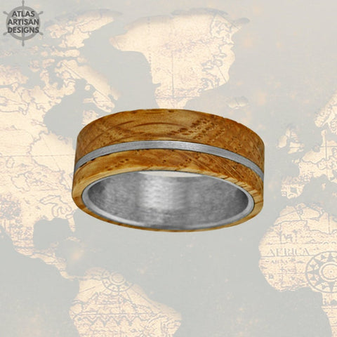 Image of Gunmetal Whiskey Barrel Ring Mens Wedding Band Wood Ring, Unique Tungsten Wedding Band Mens Ring, Whiskey Ring 8mm Whiskey Wood Wedding Band - Atlas Artisan Designs