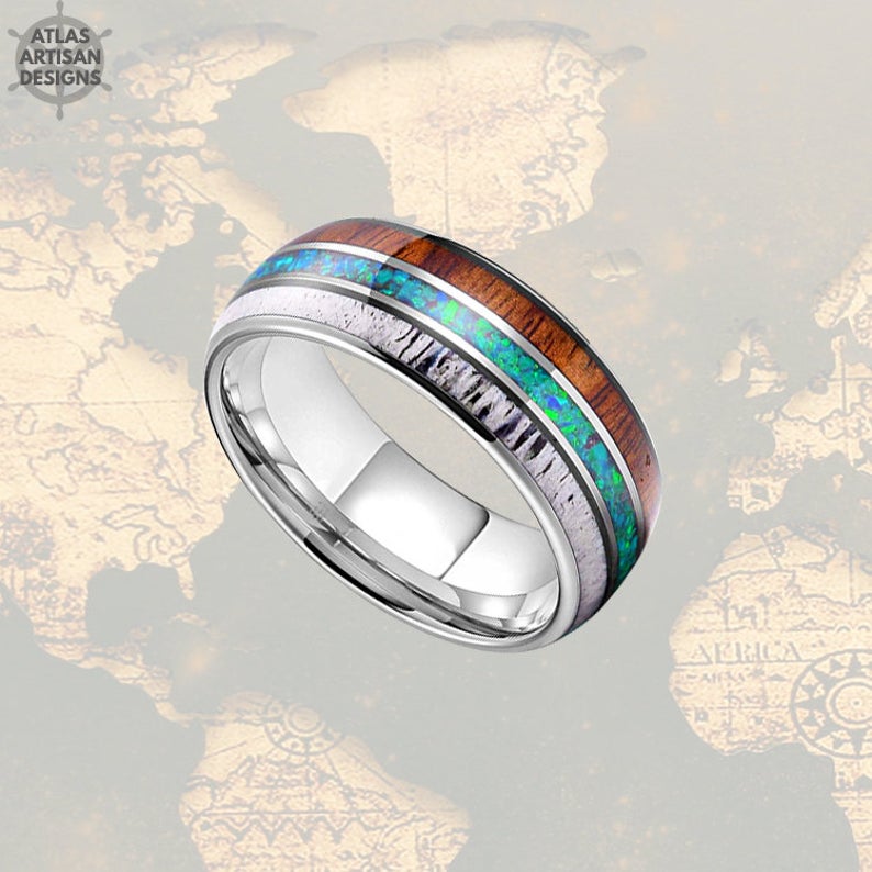 Green Opal & Koa Wood Ring Mens Wedding Band Antler Ring, Unique Tungsten Antler Rings for Men - Atlas Artisan Designs