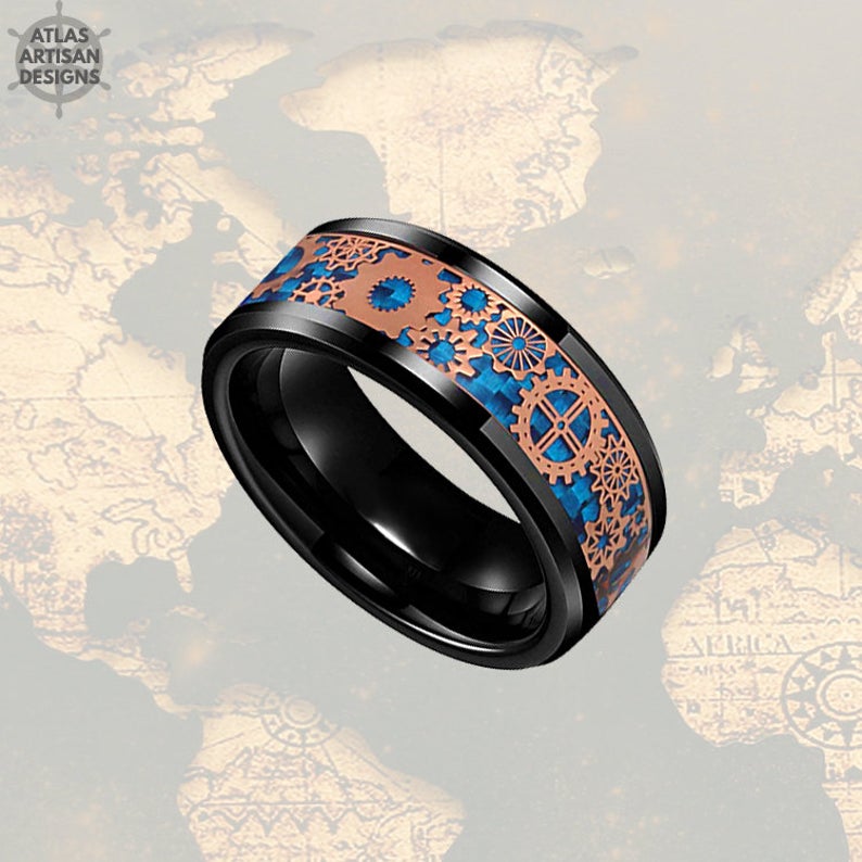 Viking Wedding Ring Mens Black Ring, Rose Gold Ring Mens Wedding Band Tungsten Ring, Blue Carbon Fiber Ring, Tungsten Wedding Band Mens Ring - Atlas Artisan Designs
