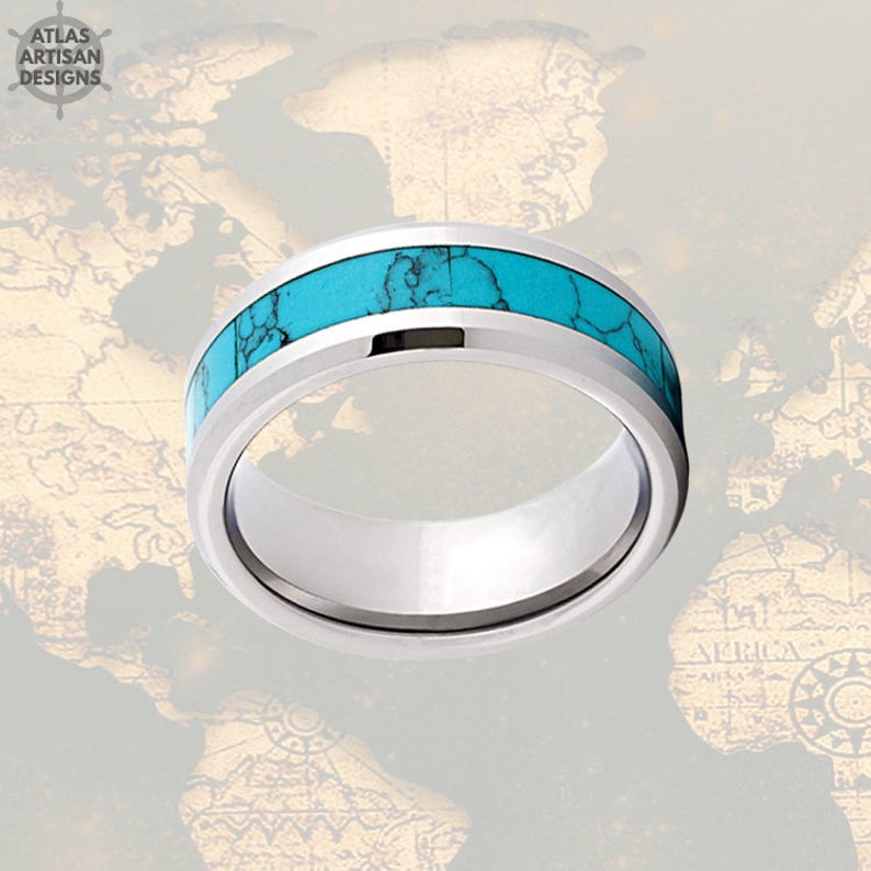 Beveled Turquoise Ring Mens Wedding Band Silver Tungsten Ring, Unique Mens Ring, Turquoise Wedding Bands Womens Ring Turquoise Inlay Ring - Atlas Artisan Designs